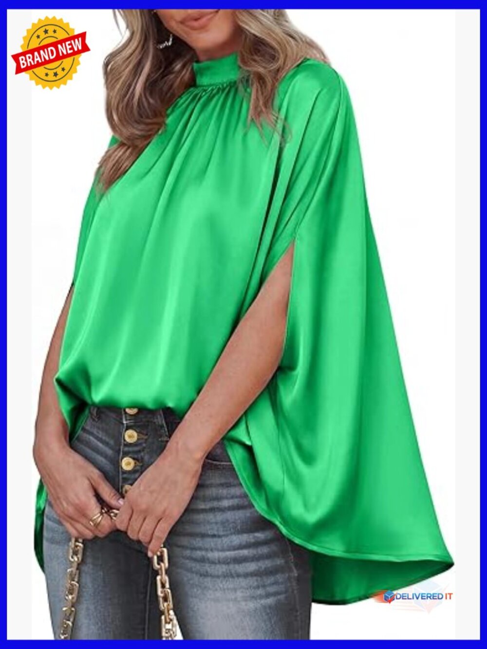 Mock Neck Batwing Sleeve Silk Satin Blouse - Loose Oversized Dressy Casual